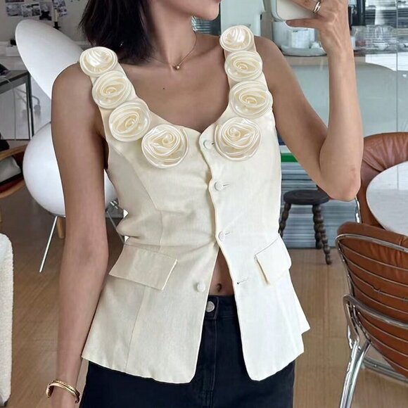 Women's Elegant 3d Floral Decor Front Button down Sexy Top - Picture 6 of 8